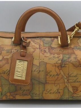 Alviero Martini Tan & Brown Map-Print Leather Satchel